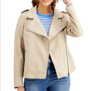 Petite Faux-Leather Moto Jacket, Created for Macy's - Size PS - Color Fossil NWT